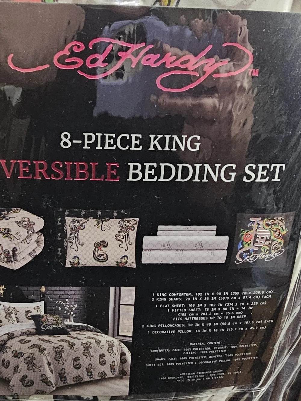 Ed Hardy 8-Piece King Reversible Bedding Set with snake and roses panthers